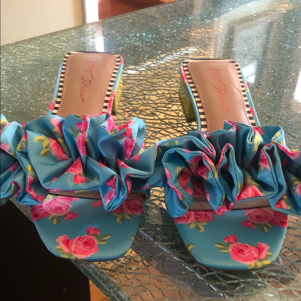 Betsey Johnson Floral Ruffle Sandals in Blue and Pink